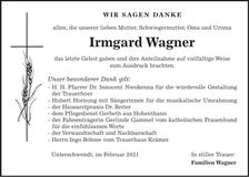 Traueranzeige Irmgard Wagner