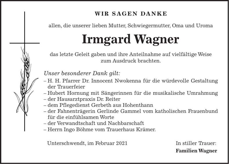Traueranzeige Irmgard Wagner