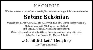 Traueranzeige Sabine Schönian