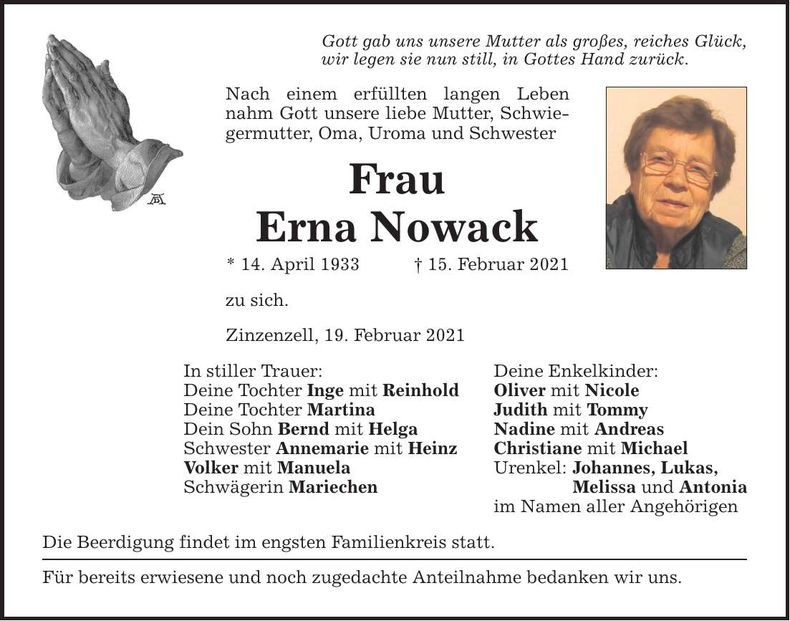 Traueranzeige Erna Nowak