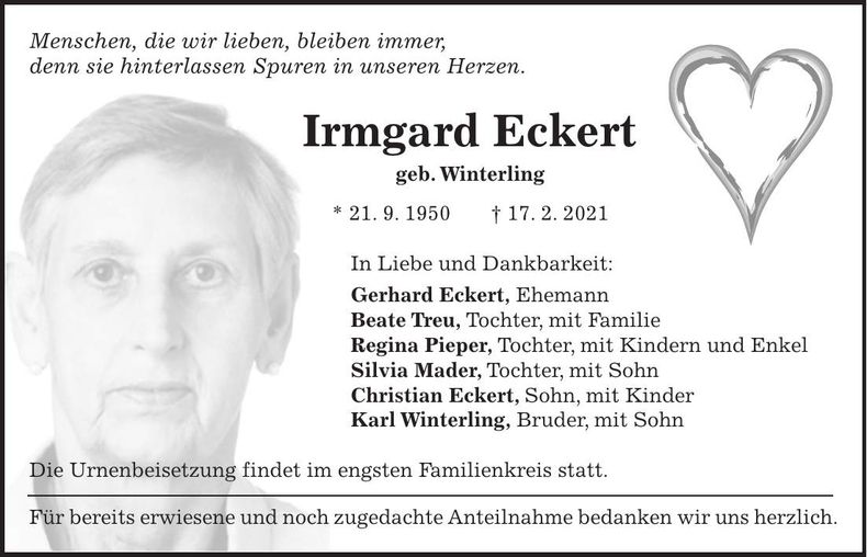 Traueranzeige Irmgard Eckert