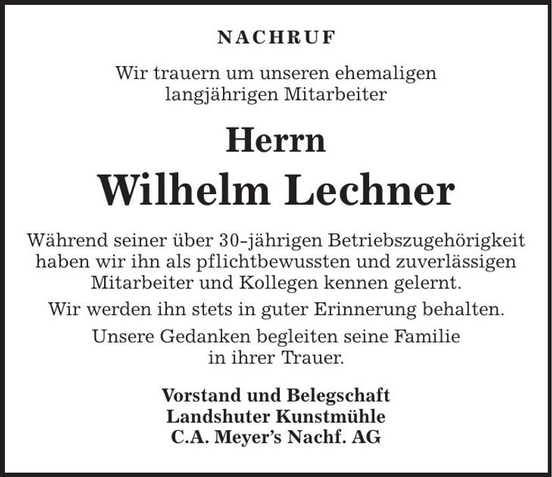 Traueranzeige Lechner Wilhelm