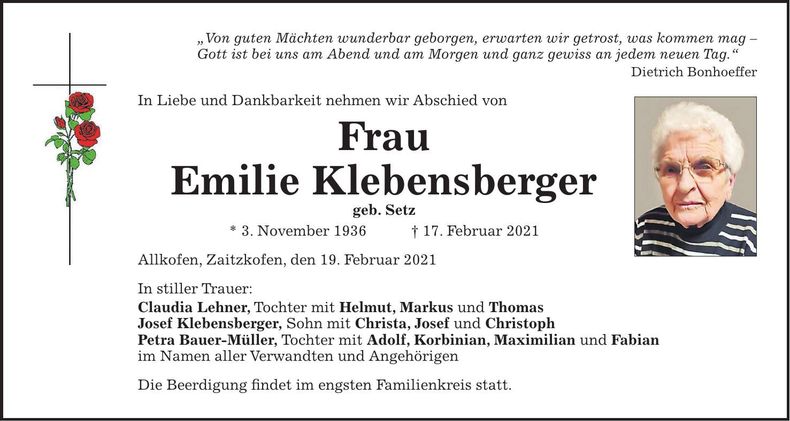 Traueranzeige Emilie Klebensberger