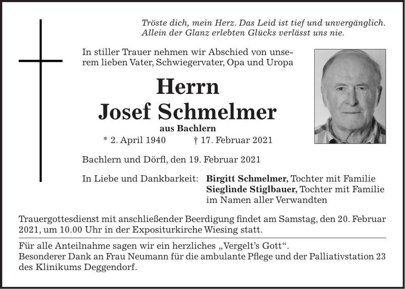 Traueranzeige Josef Schmelmer