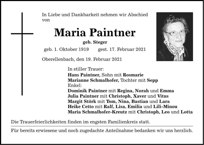Traueranzeige Maria Paintner