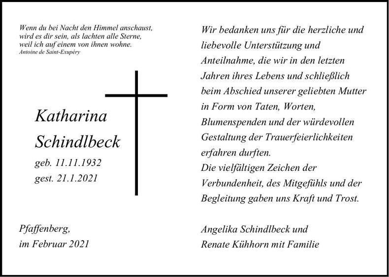 Traueranzeige Katharina Schindlbeck