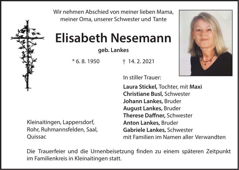 Traueranzeige Elisabeth Nesemann