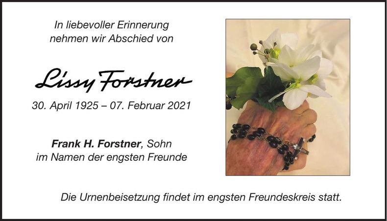 Traueranzeige Lissy Forstner