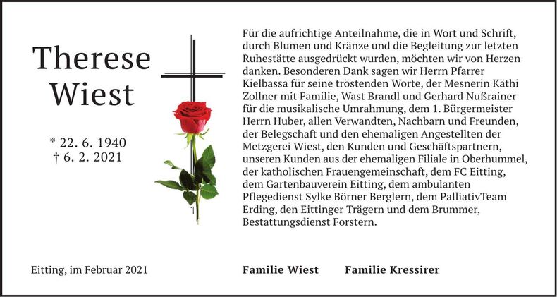 Traueranzeige Therese Wiest