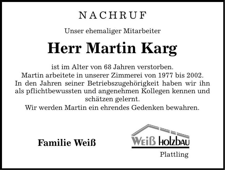 Traueranzeige Martin Karg