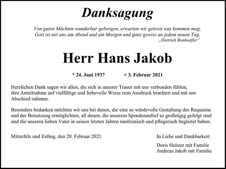 Traueranzeige Hans Jakob