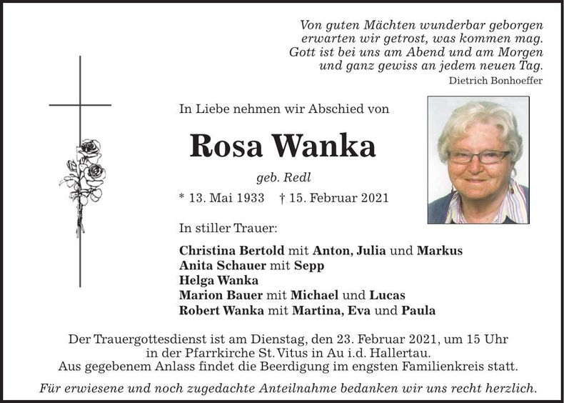 Traueranzeige Wanka Rosa