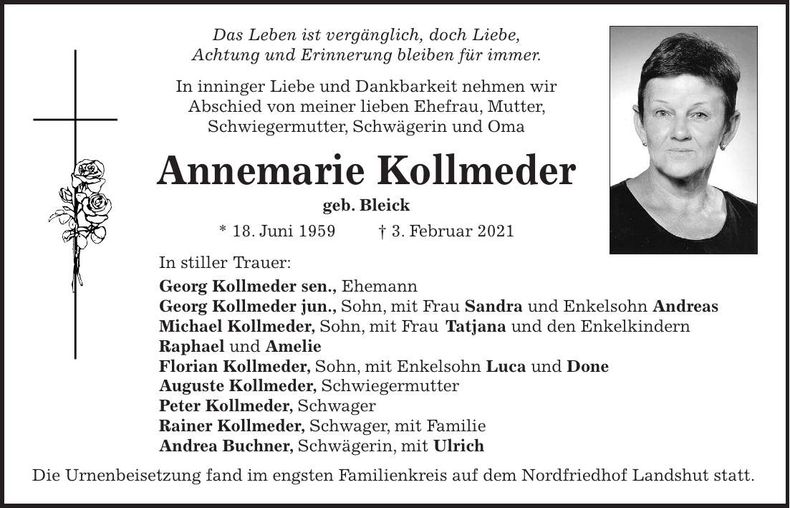 Traueranzeige Annemarie Kollmeder