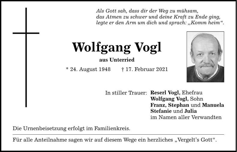 Traueranzeige Wolfgang Vogl