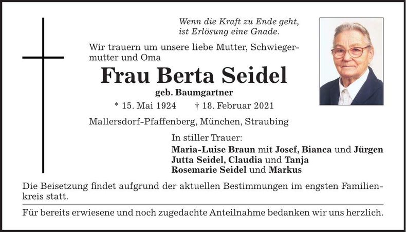 Traueranzeige Berta Seidel