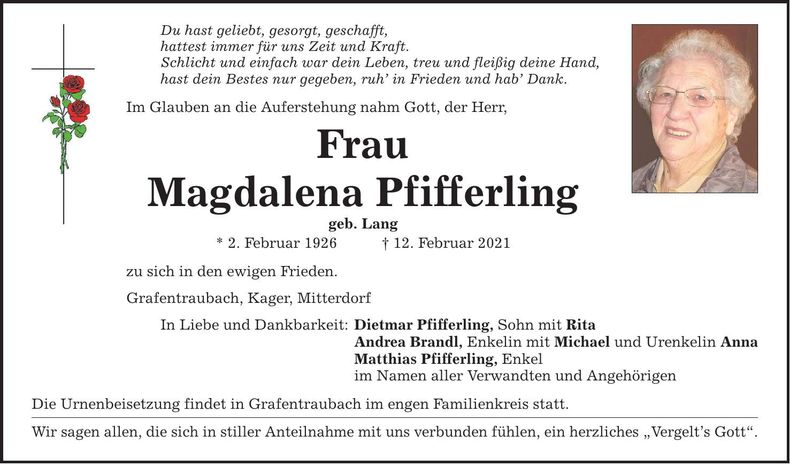 Traueranzeige Magdalena Pfifferling