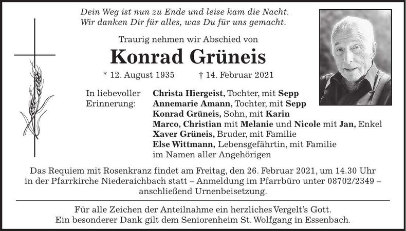 Traueranzeige Konrad Grüneis
