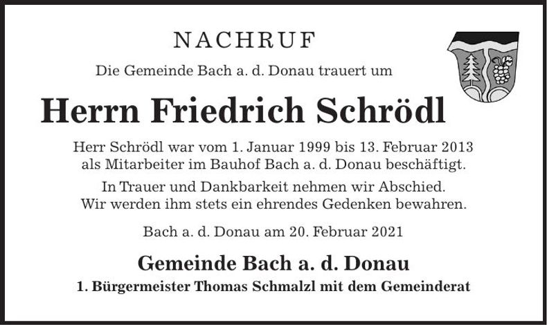Traueranzeige Friedrich Schrödl