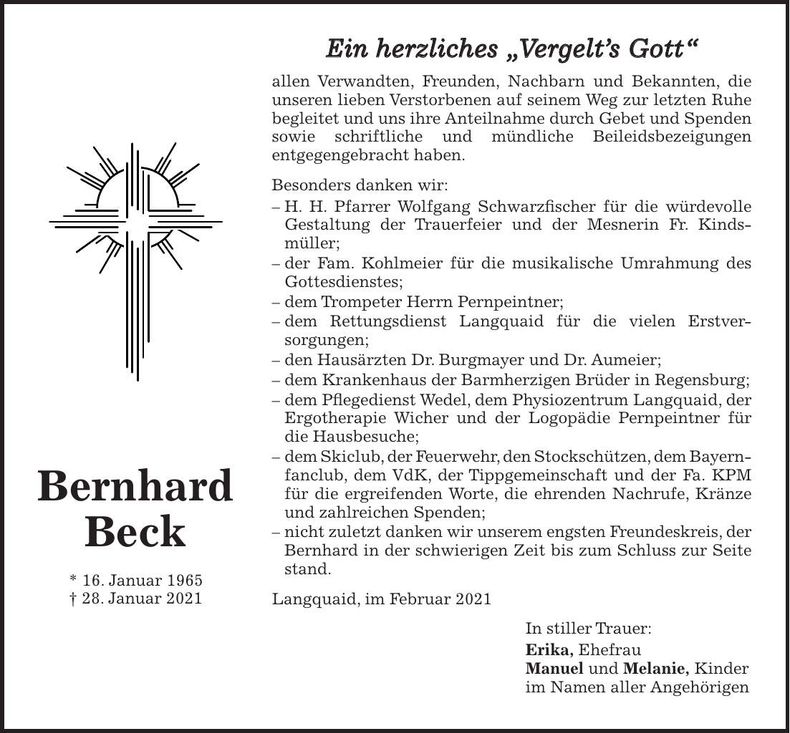 Traueranzeige Bernhard Beck