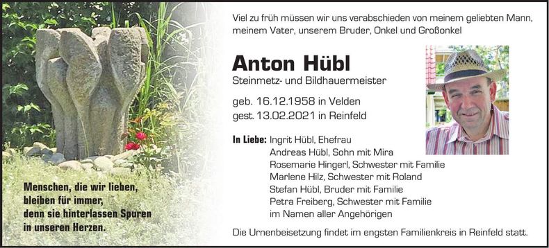 Traueranzeige Anton Hübl