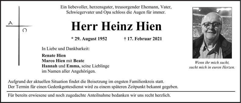 Traueranzeige Heinz Hien
