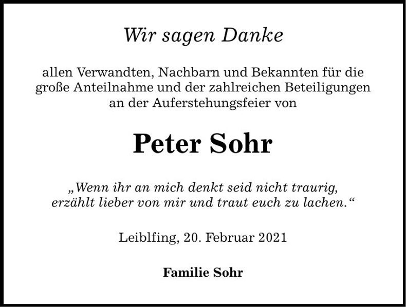 Traueranzeige Peter Sohr