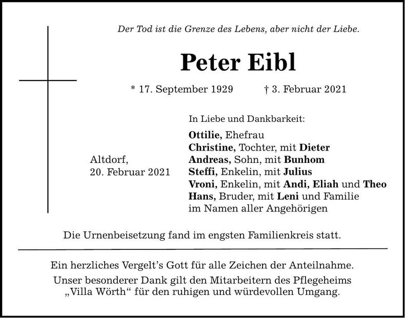 Traueranzeige Peter Eibl