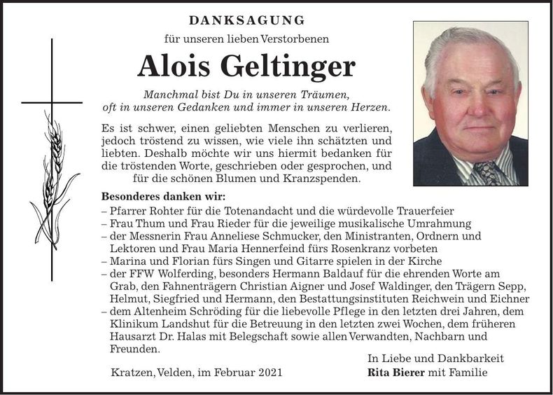 Traueranzeige Alois Geltinger