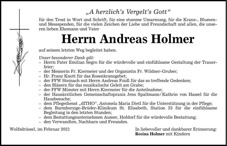Traueranzeige Andreas Holmer