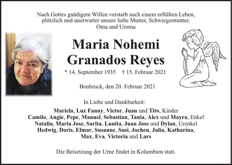 Traueranzeige Granados Reyes Maria Nohemi
