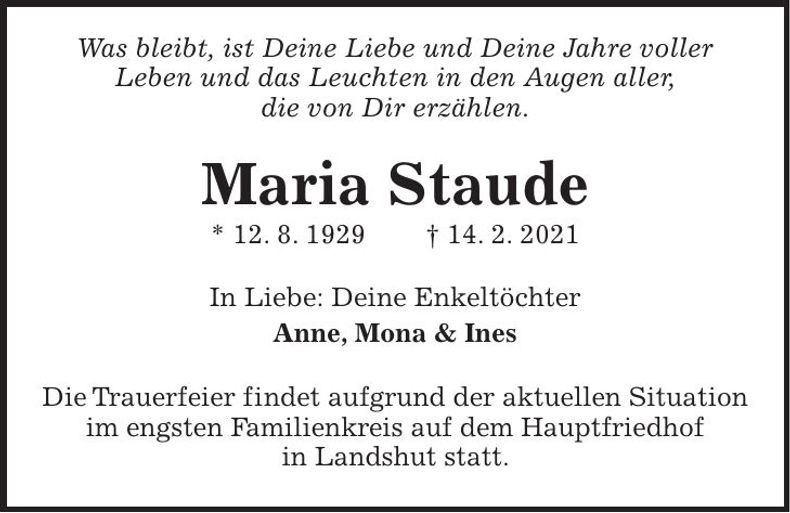 Traueranzeige Maria Staude