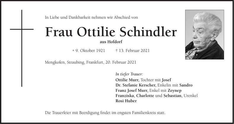 Traueranzeige Ottilie Schindler
