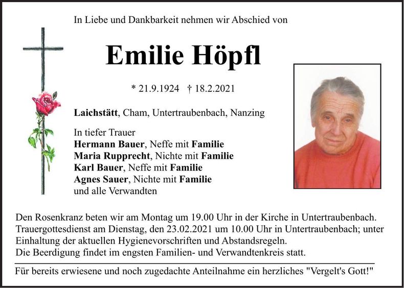 Traueranzeige Emilie Höpfl