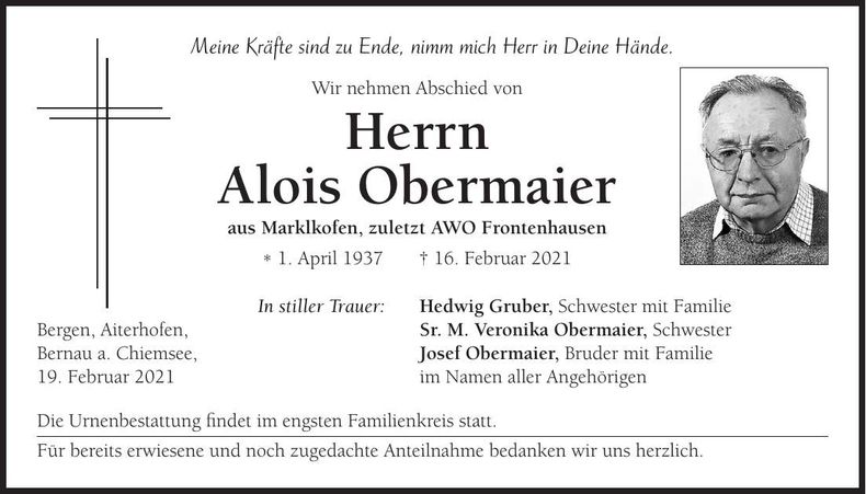 Traueranzeige Alois Obermaier