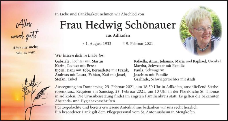 Traueranzeige Hedwig Schönauer