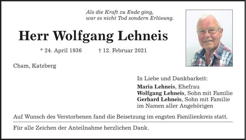 Traueranzeige Wolfgang Lehneis