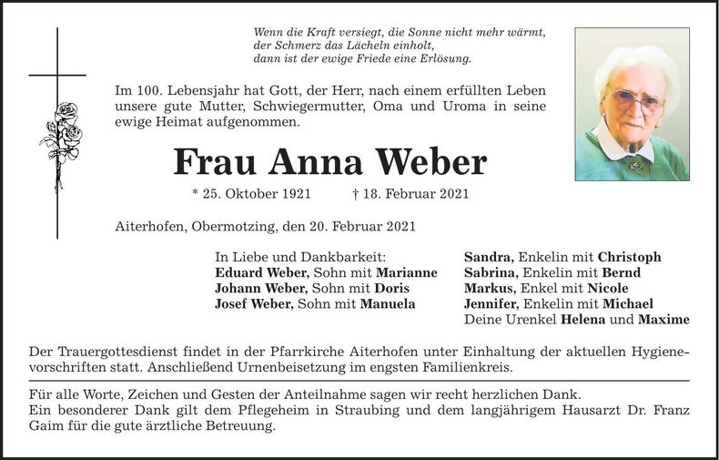 Traueranzeige Anna Weber