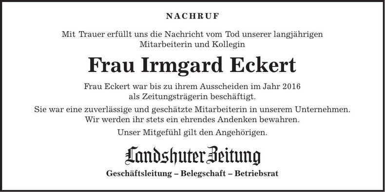 Traueranzeige Irmgard Eckert