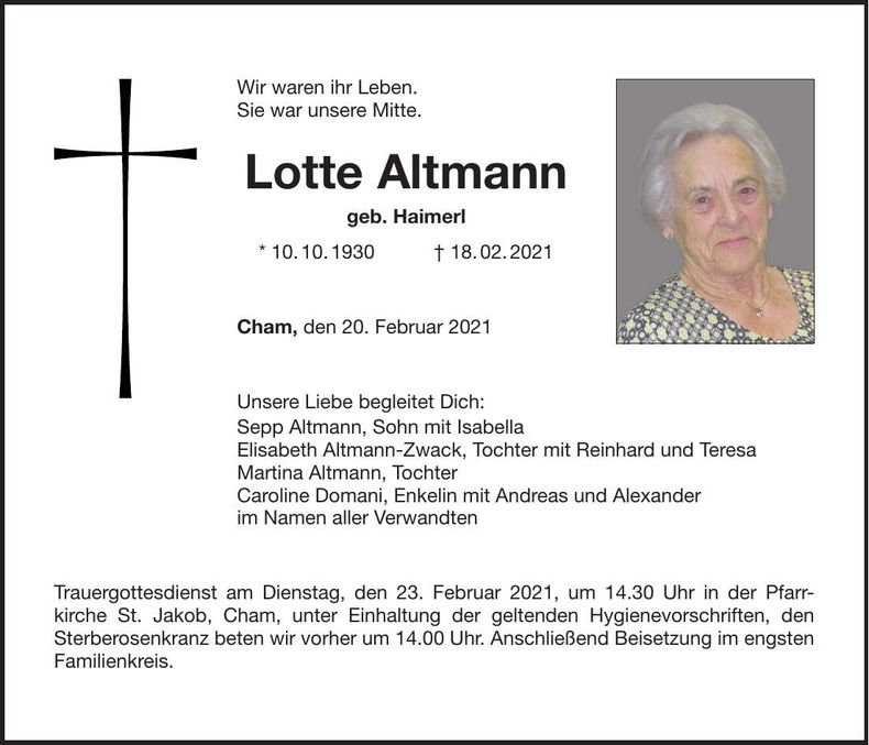 Traueranzeige Lotte Altmann