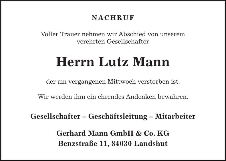 Traueranzeige Lutz Mann