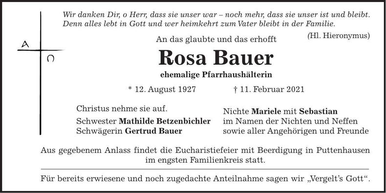 Traueranzeige Rosa Bauer