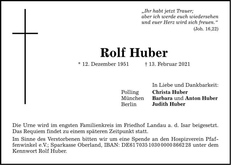 Traueranzeige Rolf Huber