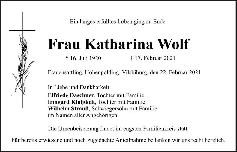 Traueranzeige Katharina Wolf