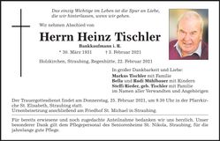 Traueranzeige Heinz Tischler