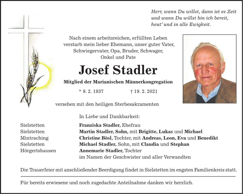 Traueranzeige Josef Stadler