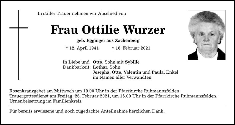 Traueranzeige Ottilie Wurzer