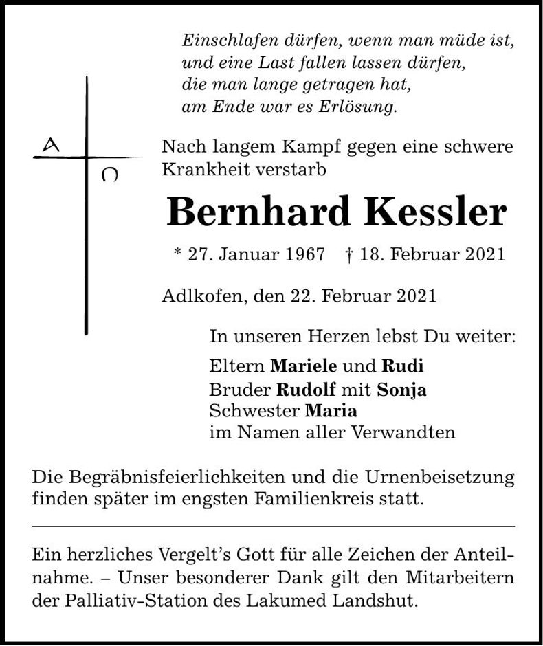 Traueranzeige Bernhard Kessler