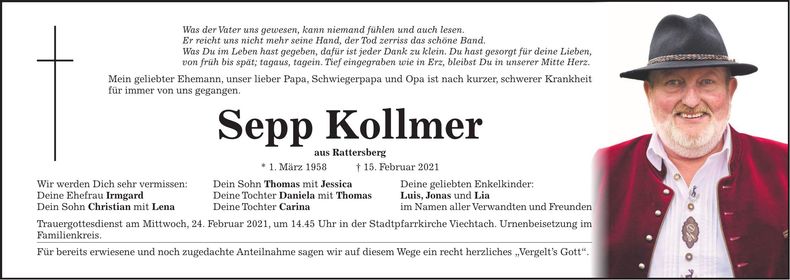 Traueranzeige Sepp Kollmer
