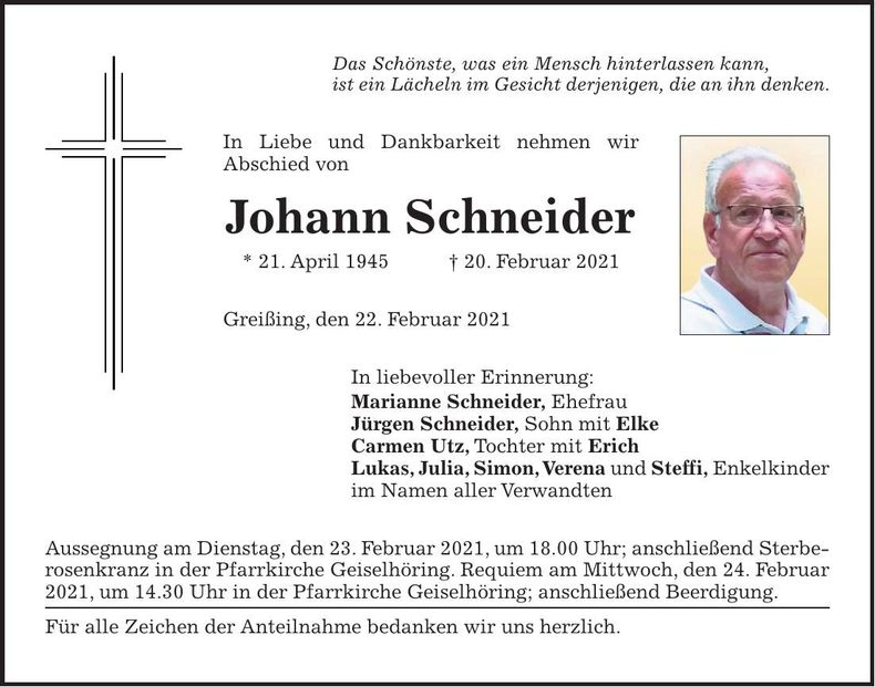 Traueranzeige Johann Schneider