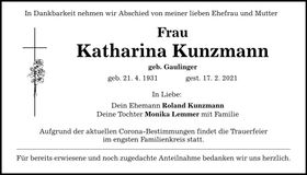 Traueranzeige Katharina Kunzmann